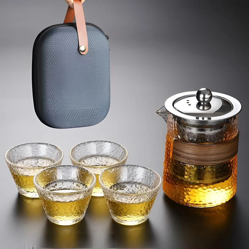 透明旅行功夫茶具便携户外收纳包一壶四杯玻璃泡茶壶车载快客