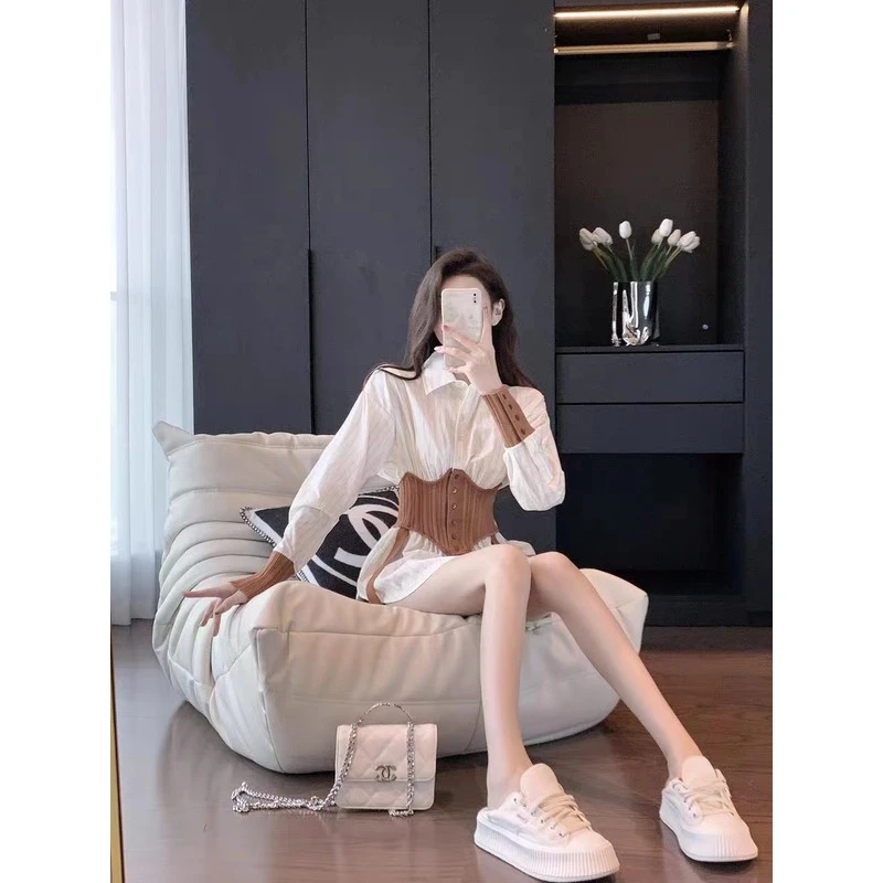 大尺码胖妹妹衬衫上衣女设计感小众新款春秋冬新款收腰长袖条纹衬