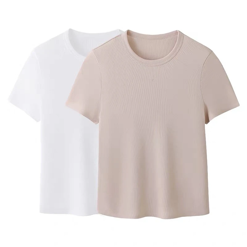 C2534夏新款简约百搭修身字母刺绣圆领短袖T恤短款半袖上衣女