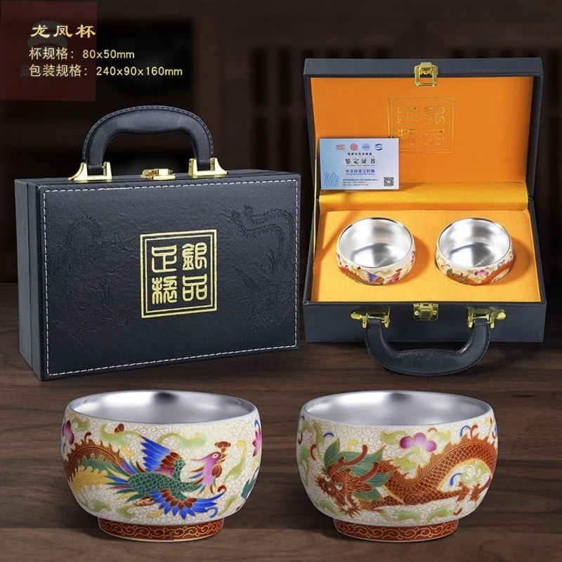 银杯999银茶杯银碗陶瓷包银茶杯主人杯中式创意礼品茶具套装