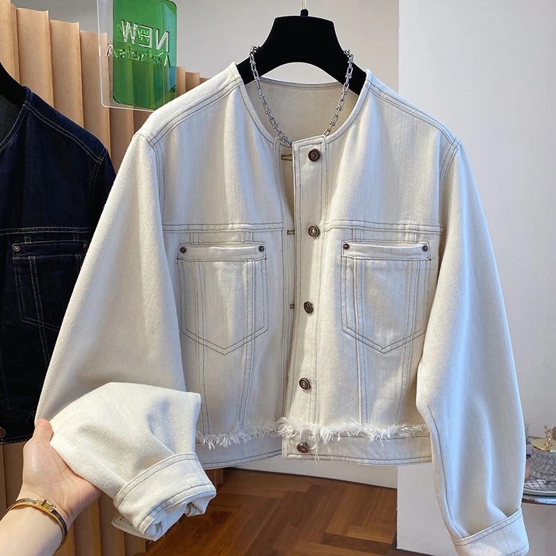 韩国东大门白色明线牛仔短外套女春秋2025新款宽松无领小个子上衣