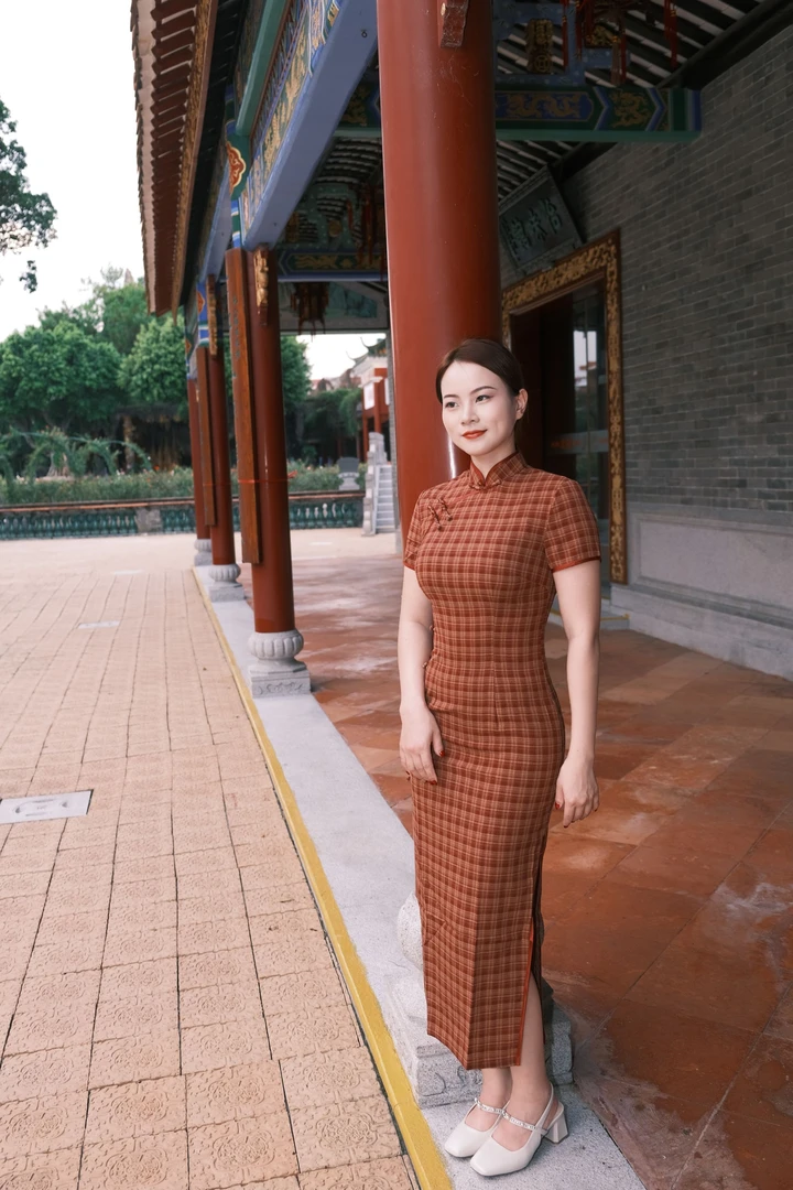 包臀裙立领日常格子印花斜襟旗袍复古优雅可爱风