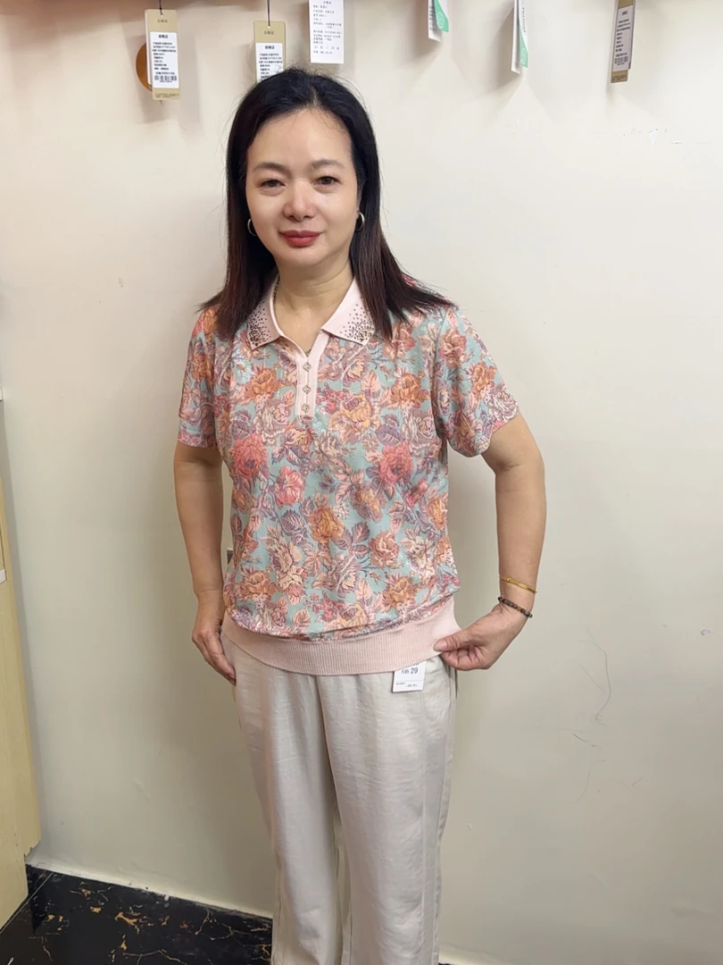 夏季新款中老年妈妈冰丝翻领印花短袖T恤小衫