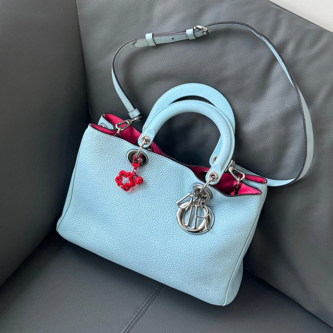 95新 DIOR/迪奥 婴儿蓝荔枝纹vip 单肩包/12167538