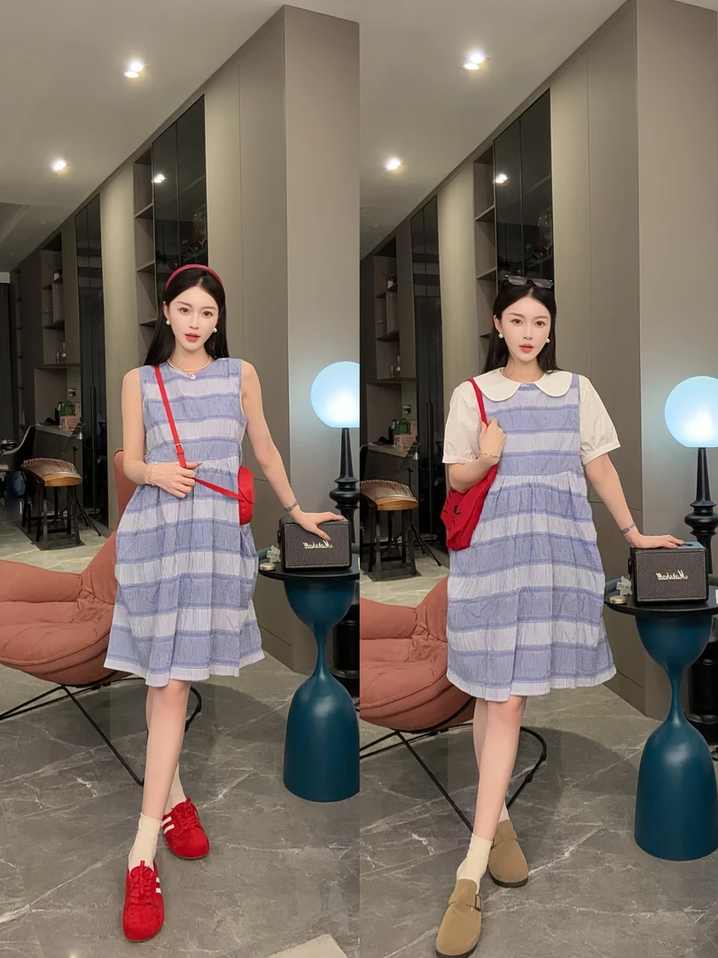 孕妇蓝白条纹无袖背心连衣裙小个子宽松显娃娃领韩版洋气两件套