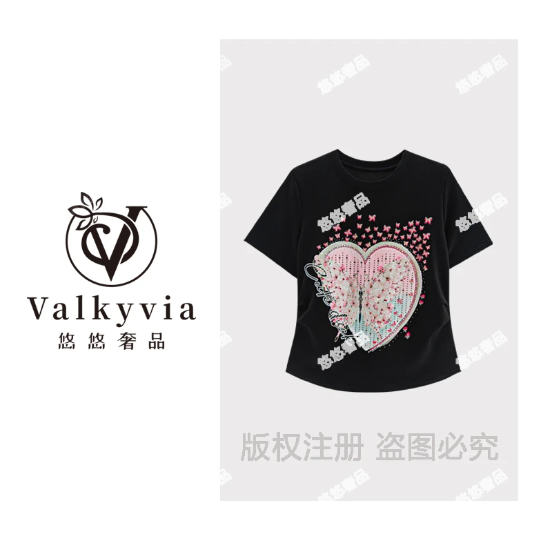 【Valkyvia/悠悠奢品】重工烫钻爱心蝴蝶短袖T恤T5292