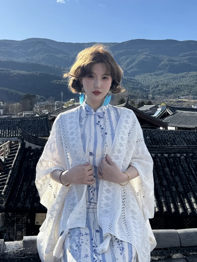 蕾英俊-落葵-民族风披肩针织披风汉服旗袍外搭蕾丝罩衫JF5320