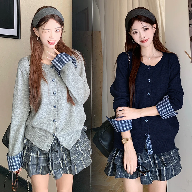 大码韩系学院风套装针织圆领开衫拼接毛衣+格子半裙两件套3017
