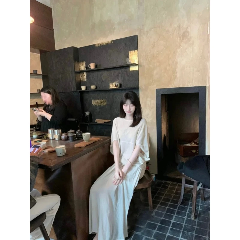 清冷感穿搭一整套装女春夏慵懒风透气针织上衣半身长裙两件套