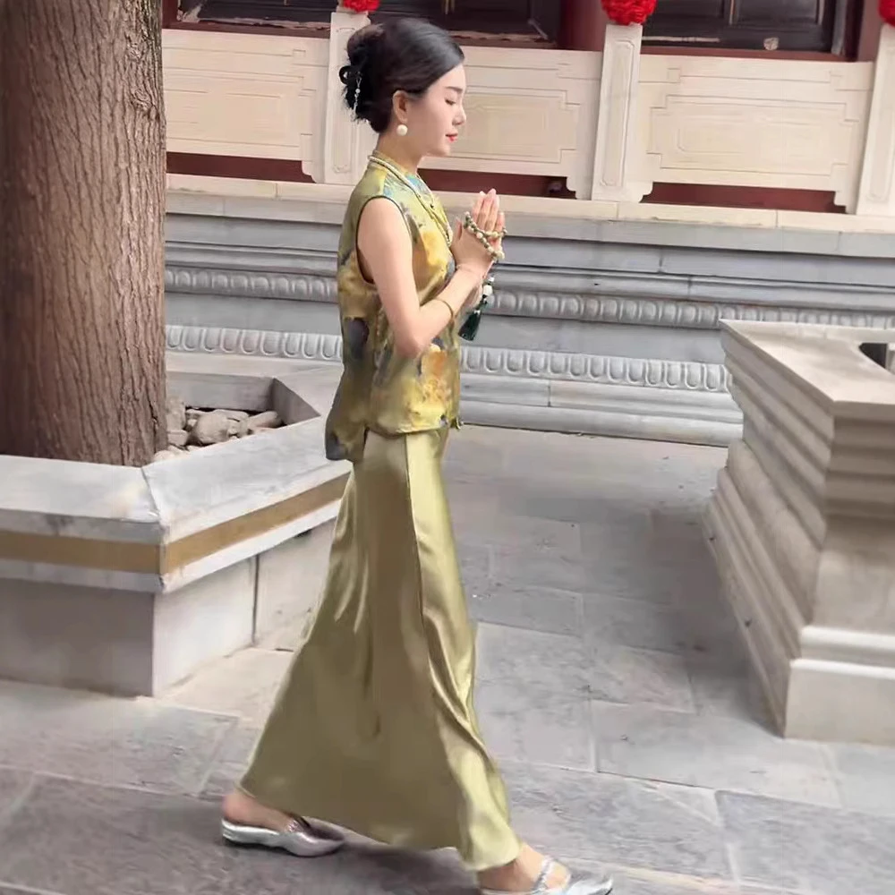 整套2025盘扣绿色高级感轻奢上衣立领裙装精致无袖绝美新中式国风