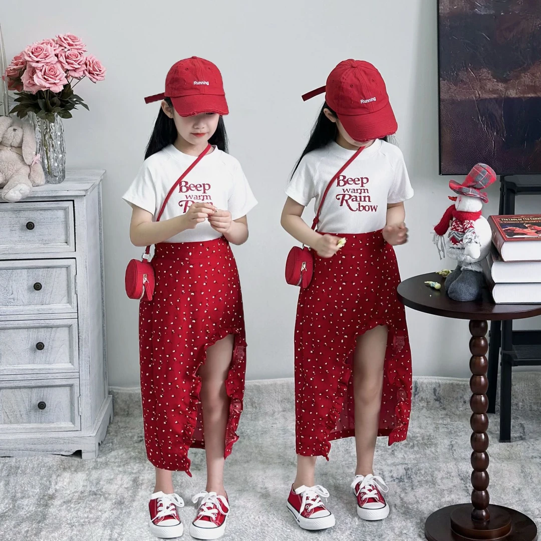 女童薄款波点半身裙套装2025新款中大童T恤韩版休闲裙韩版两件套