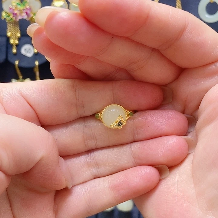 和田玉银S925镀金镶嵌戒指