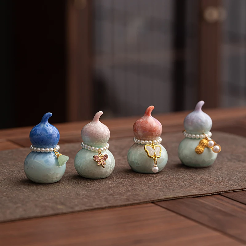 葫芦茶宠摆件陶瓷茶道摆设创意解压七彩葫芦植物挂件办公招财摆件