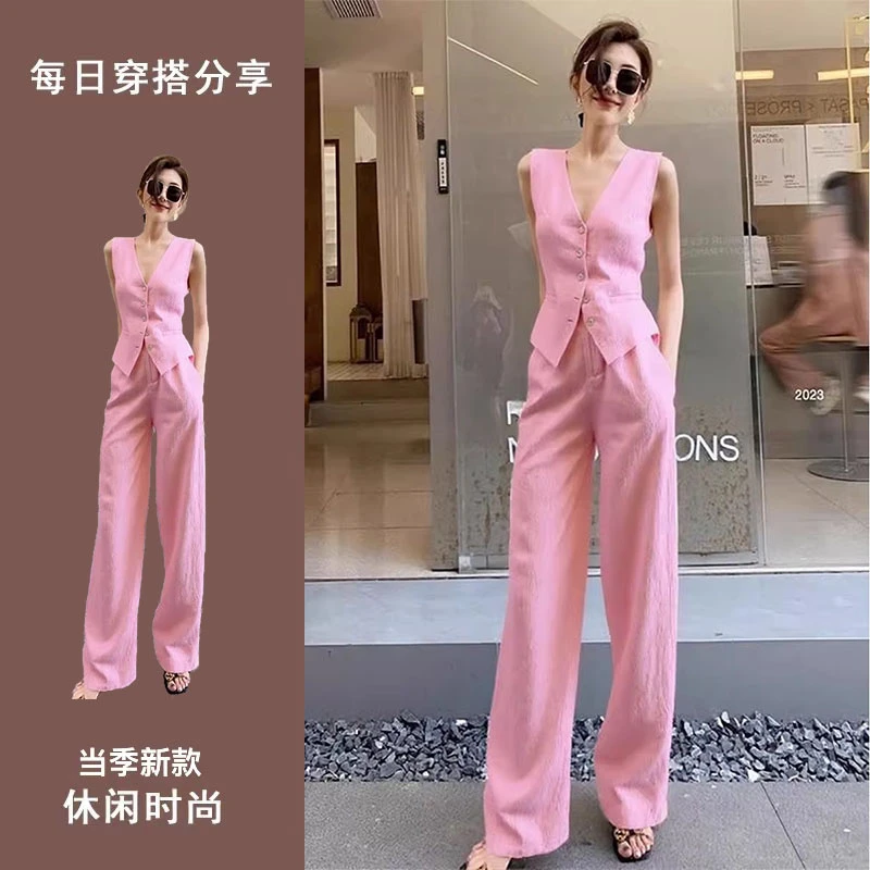 2025年夏季欧若风穿搭简约大方通勤甜酷粉色马夹阔腿裤两件套装女