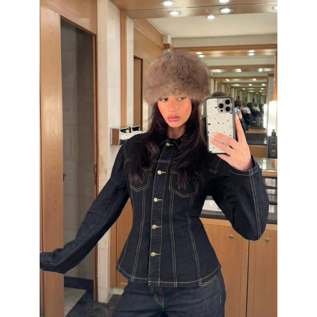 美式复古水洗做旧牛仔翻领排扣气质辣妹收腰分割长袖衬衫上衣2025