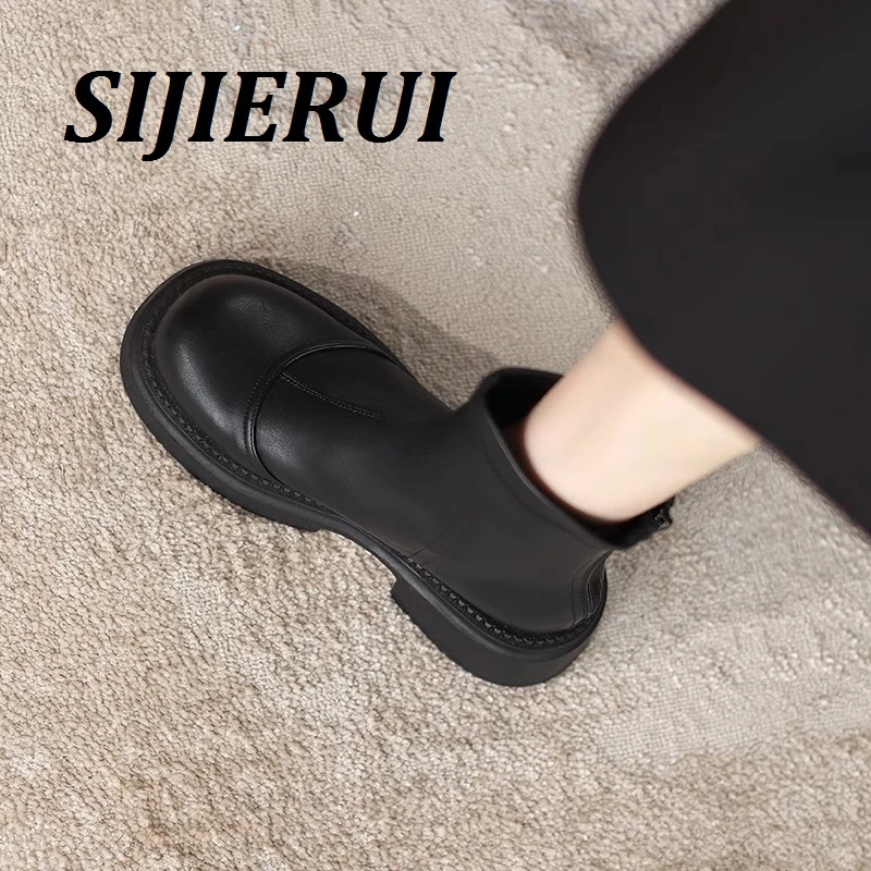 SIJIERUI显脚小真皮瘦瘦靴女2025秋冬新款加绒厚底马丁靴时尚短靴