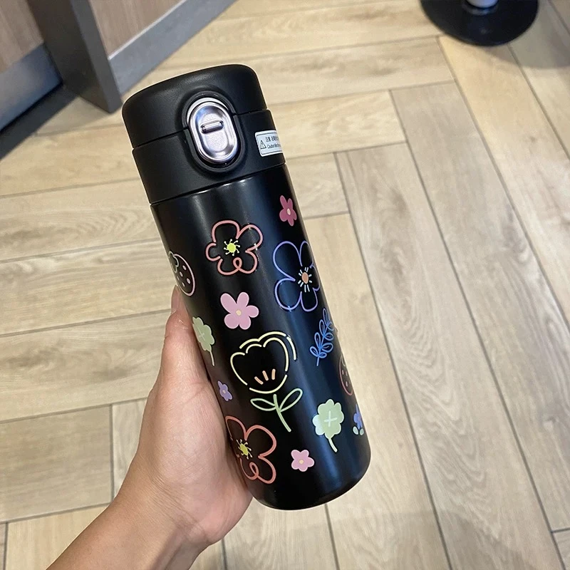 F760 碎花弹跳保温杯黑色420ml