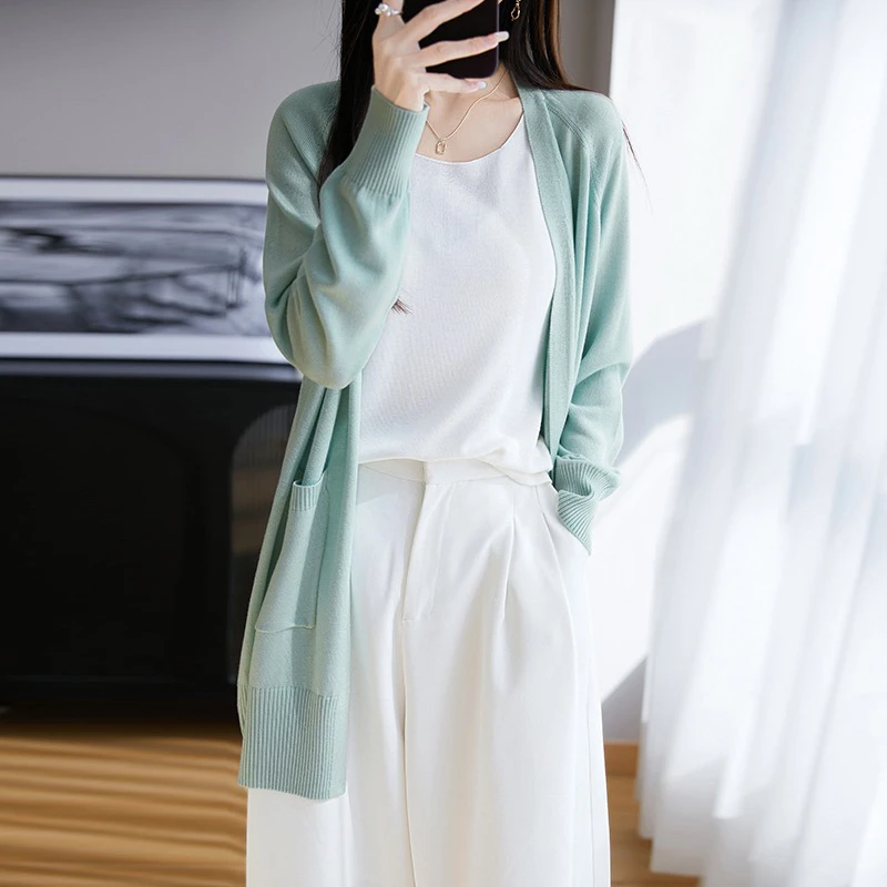 外搭开衫毛针织衫毛衫女装休闲时尚杏色显瘦针织开衫中长款上衣