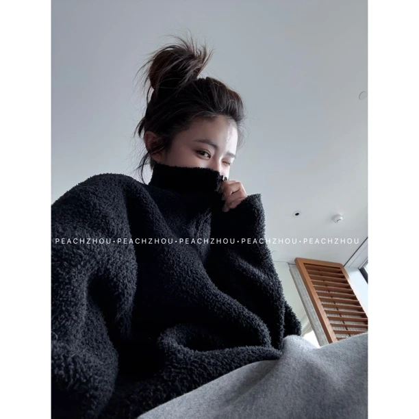 『PEACHZHOU』半边绒宽松立领拉链外套简约休闲纯色百搭中性夹克
