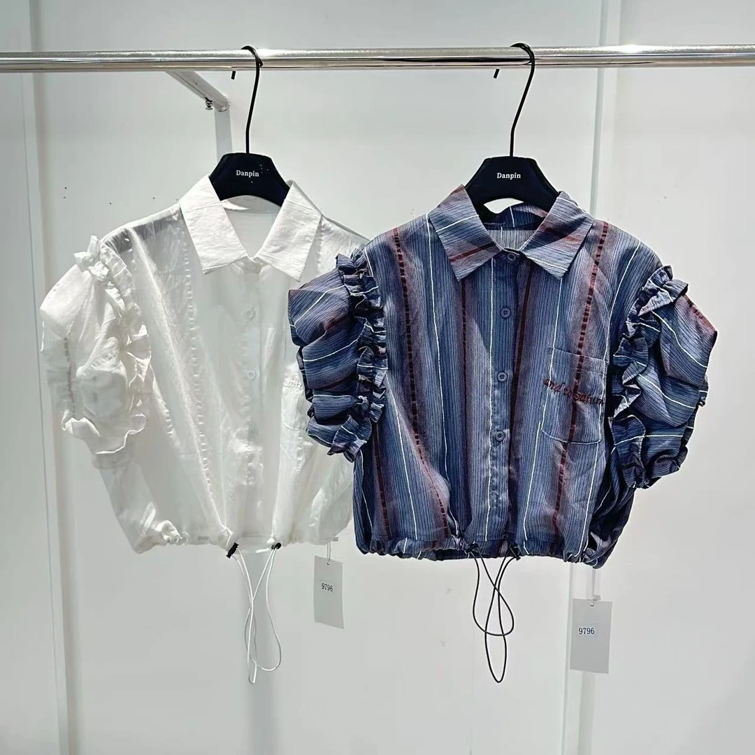 【王小小8400】竖条纹木耳边拼接衬衫女夏季设计感小众短袖上衣服