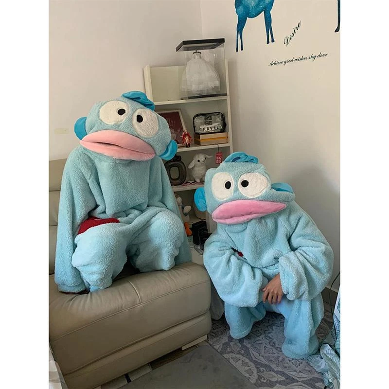 可爱丑鱼秋冬季连体睡袍女珊瑚绒加厚保暖卡通搞怪情侣睡衣家居服