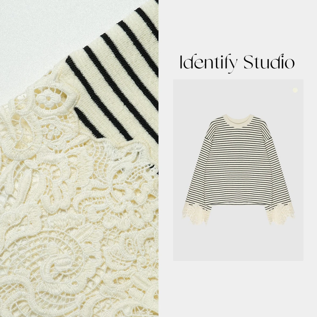 IDENTIFY香香“条纹花边”春季条纹拼接重工花边套头上衣25SS