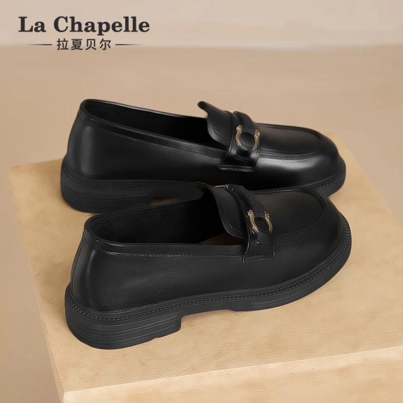拉夏贝尔乐福鞋女2025新款英伦风软底不累脚黑色百搭一脚蹬小皮鞋