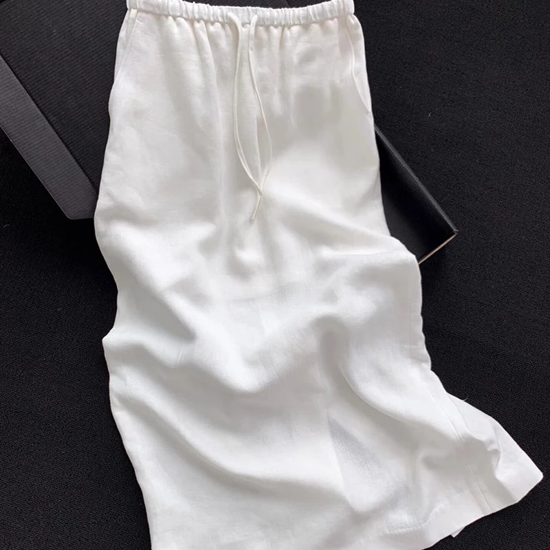 极简风白色亚麻半身裙女夏季新款舒适透气松紧腰老钱风松弛感女装