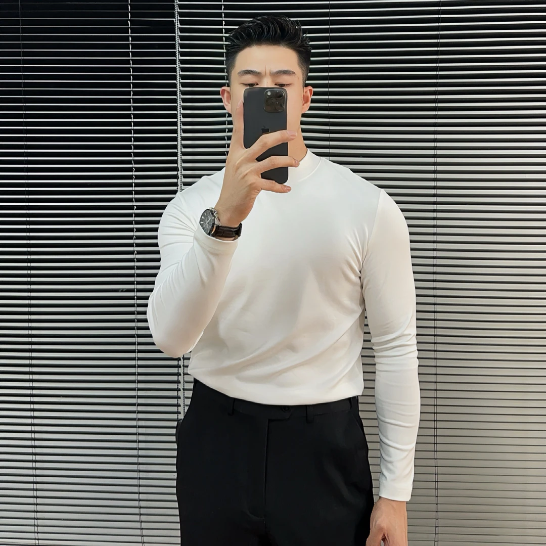 290G秋季长袖打底衫休闲纯色T恤圆领弹力白色圆领潮流男装内搭男