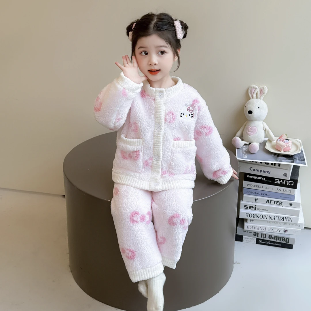 女童睡衣秋冬季珊瑚绒开衫套装小女孩冬款公主风儿童加厚家居服冬