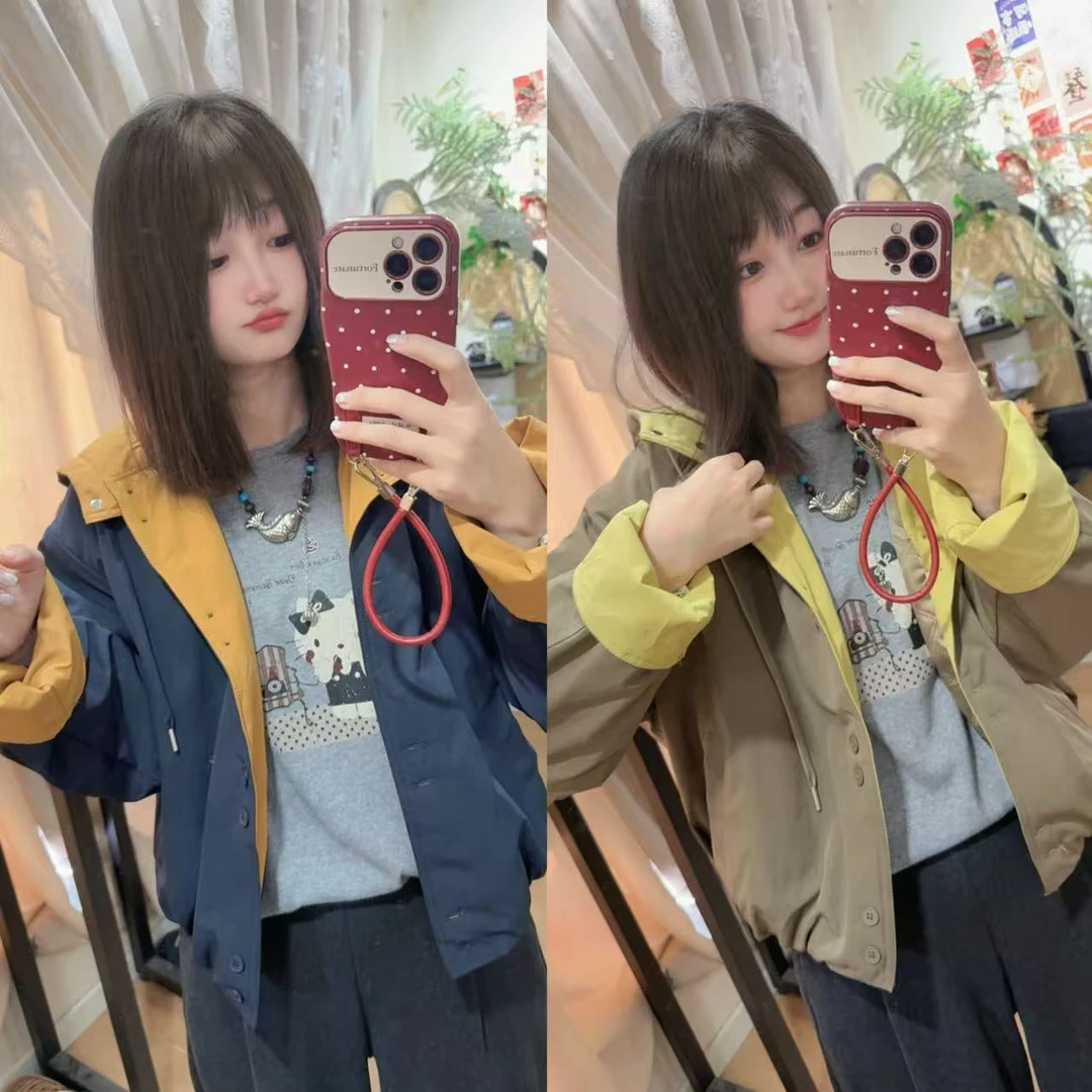 【拥抱温暖】秋季新款 时尚洋气百搭宽松显瘦减龄拼色加棉带帽外套