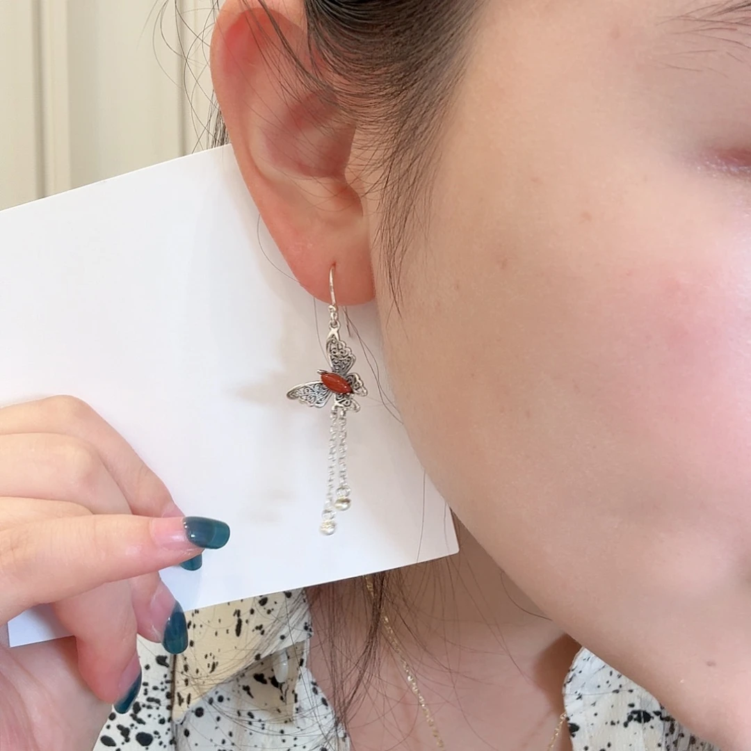 玛瑙/玉髓银S925镶嵌耳钉蝴蝶mq