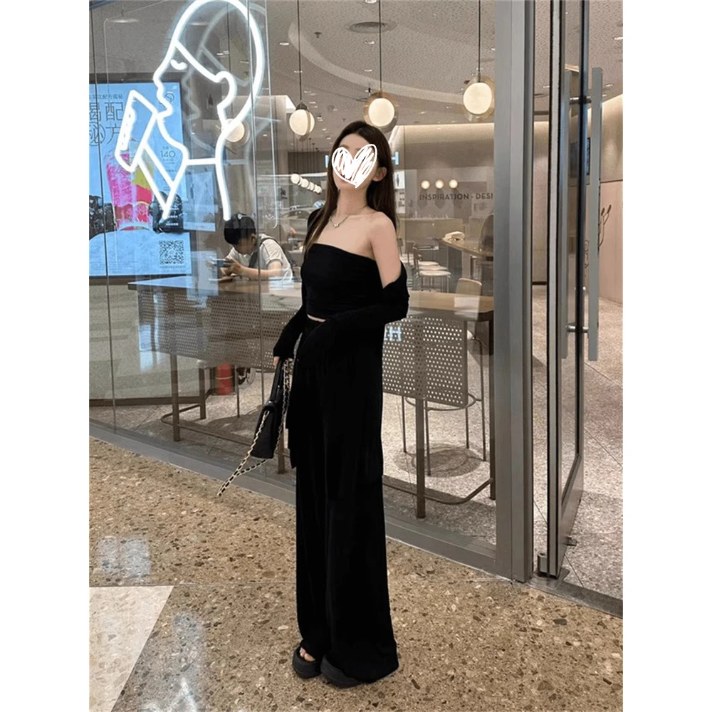 性感露肩时尚套装女士韩系防晒开衫裹胸阔腿裤休闲显瘦薄款三件套