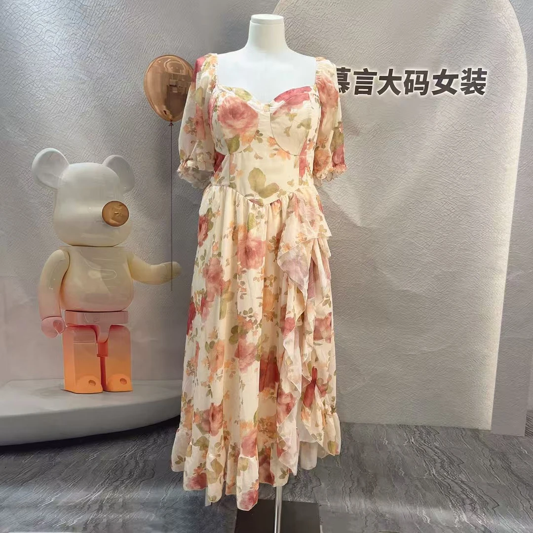 7272长款碎花优雅气质修身连衣裙夏季长裙