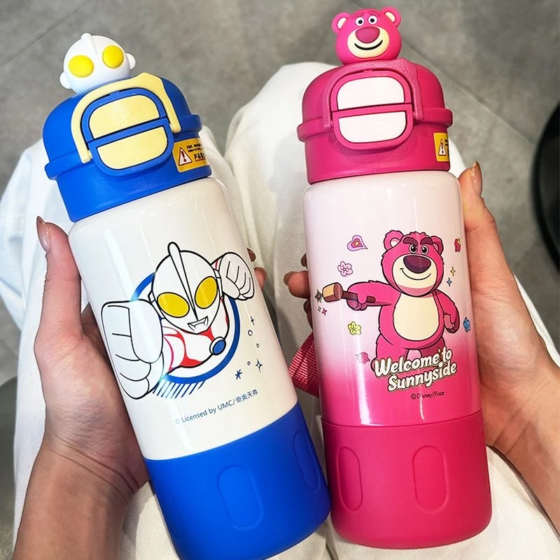 公仔儿童保温杯316L不锈钢杯套式双饮吸管水杯学生上学直饮杯