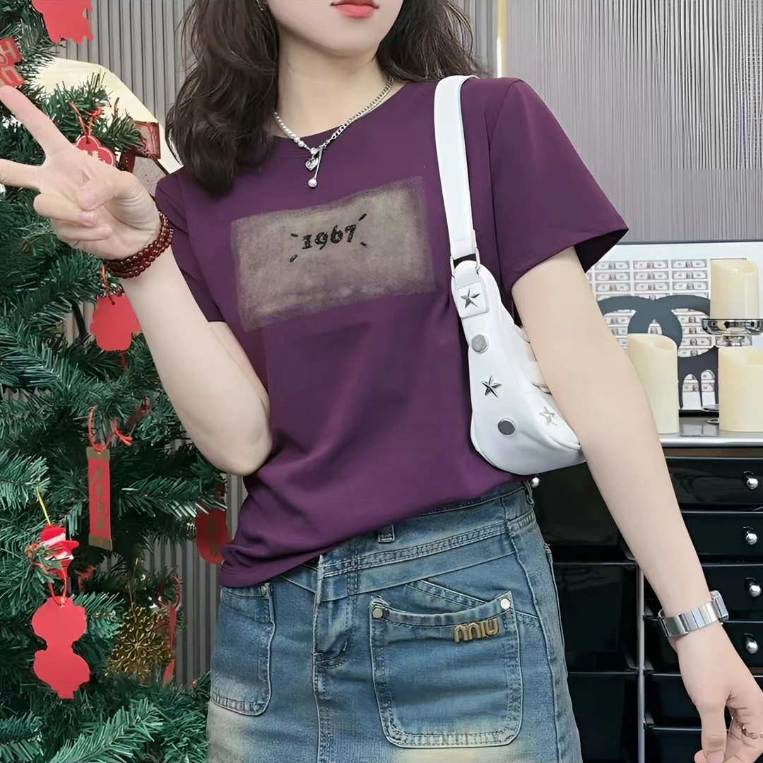 2025年夏季新款韩版显瘦休闲字母印花短袖t恤女小众显瘦修身上衣