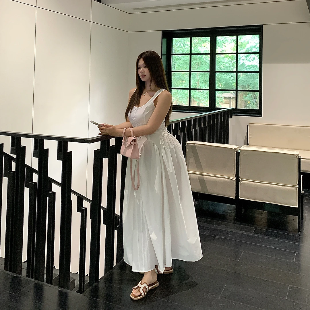 Yellowmoon微胖定制【清甜奶芙】U领无袖连衣裙千金感miu系DM1924