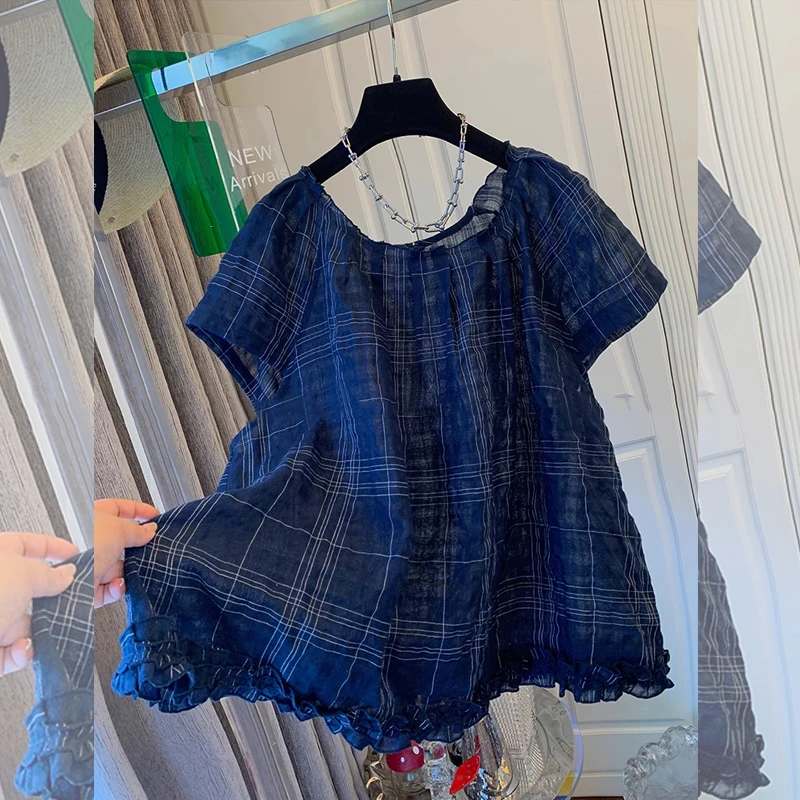 夏季新品圆领格纹撞色短袖薄款下摆花边大码甜美减龄娃娃衬衫女潮