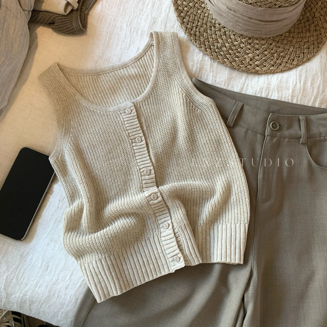 两小吱《落日奶油》春夏款百搭纯色针织短袖上衣