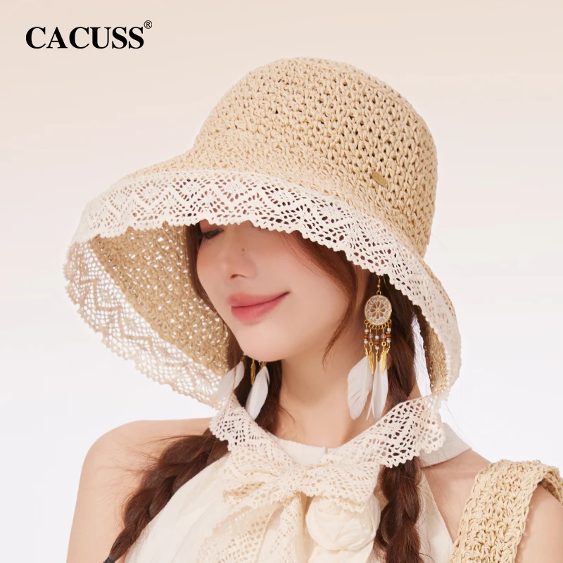 【Cacuss】草帽女春夏2025新款防晒遮阳帽海边度假蕾丝大檐太阳帽
