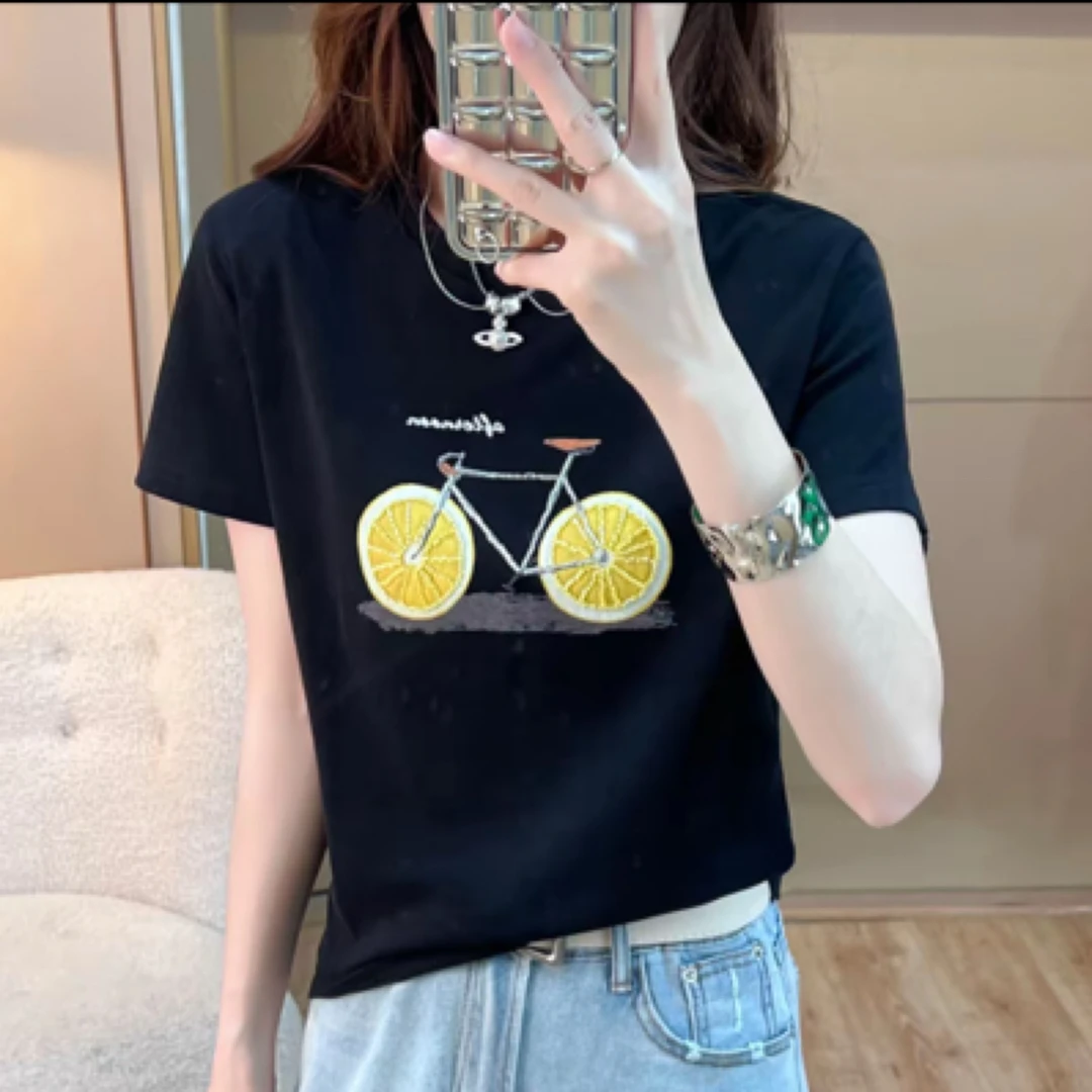 232#【衣长55】圆领修身型通勤印花常规短袖T恤休闲卡通短款纯欲风