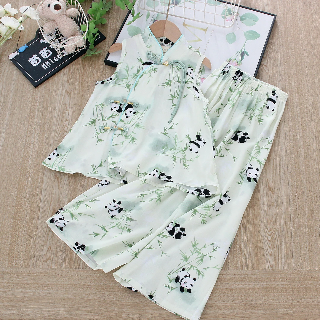 新中式绵绸套装25夏女童人造棉阔腿裤两件套中大童无袖薄款家居服