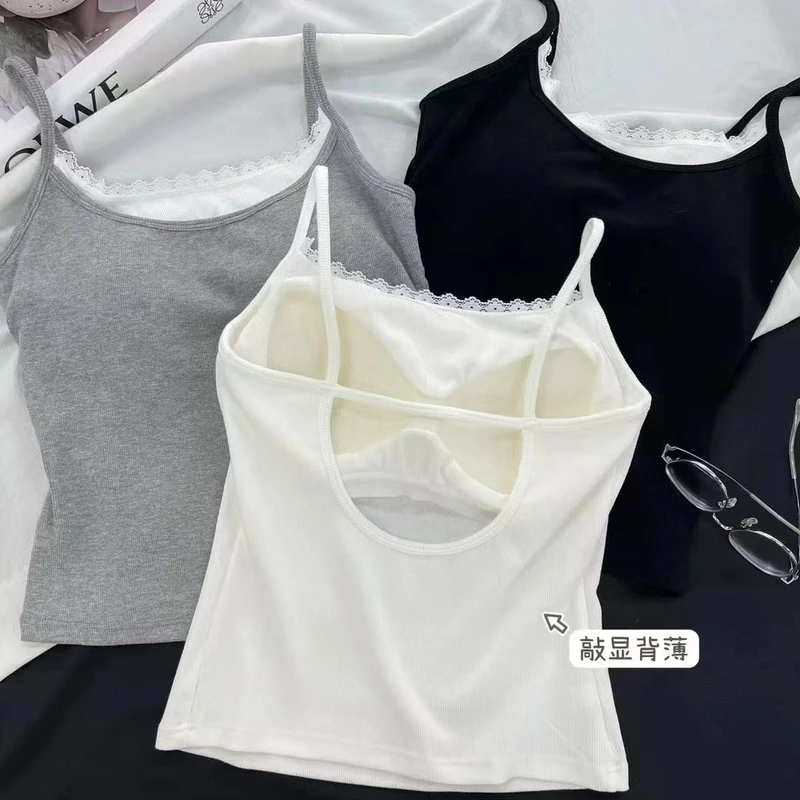 新款假两件蕾丝花边韩系纯欲短款固定一体杯吊带背心镂空美背