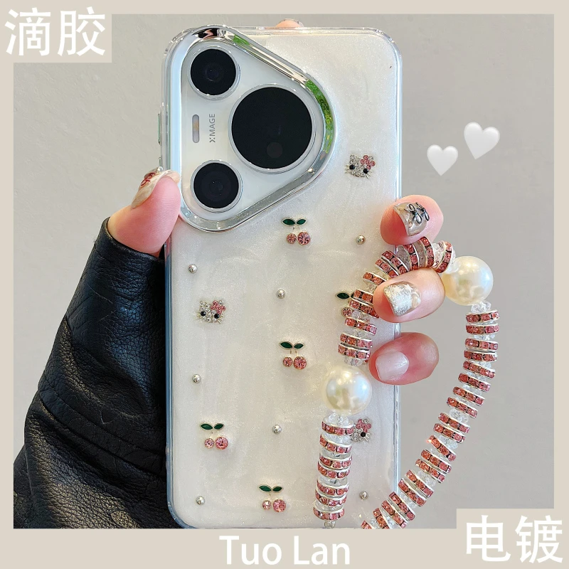 适用华为pura70pro+手机壳p60立体粉色水钻樱桃kitty猫唯美mate70