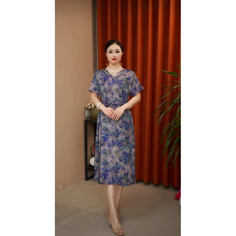 紫雾YJ3107妈妈装中长款连衣裙