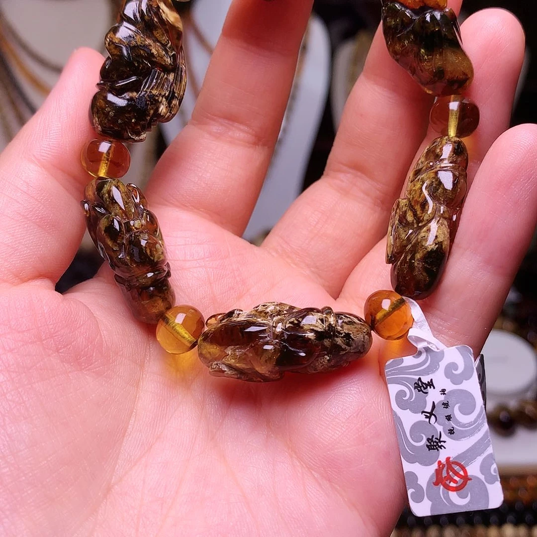 未镶嵌琥珀裸石寿星老白花雕刻手串
