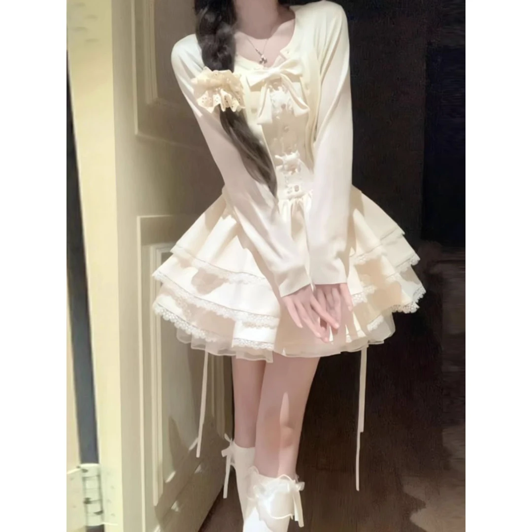 法式甜美独特超好看开衫外套蓬蓬蛋糕连衣裙两件套小个子春秋穿搭