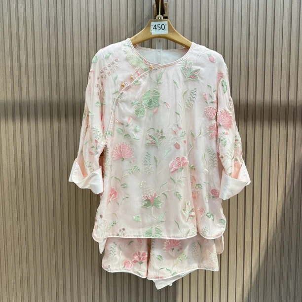 2179 桑蚕丝重工刺绣短裤套装