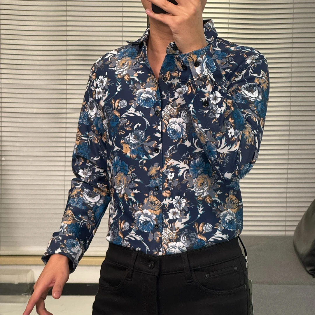 2025年男士秋冬季加厚印花高品质男士时尚百搭玫瑰长衬衫长袖衬衣