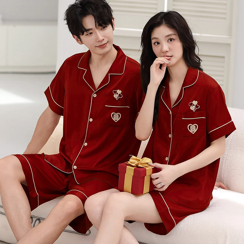 情侣红色冰丝睡衣夏季短袖短裤女结婚男本命年新婚睡衣结婚情侣款